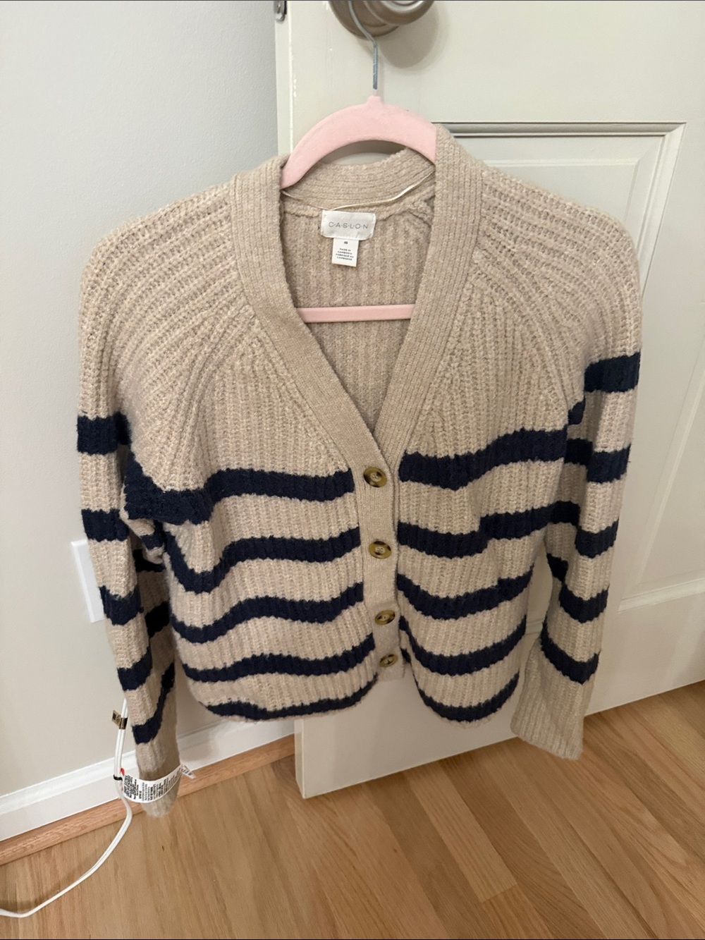 Cable-Knit Striped Cardigan Sweater - Beige & Navy